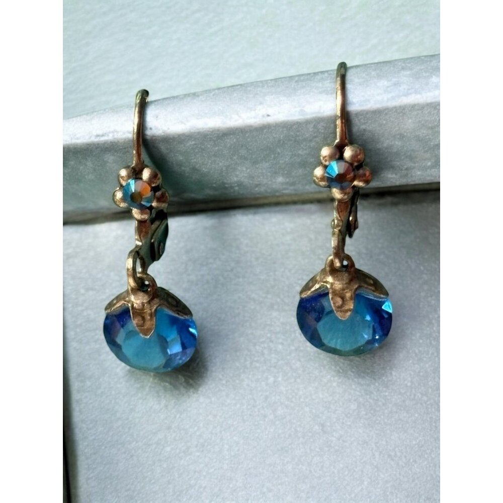 Blue Stimulated Sapphire Sterling Silver Earrings Faceted Crystal Unmarked VTG‎